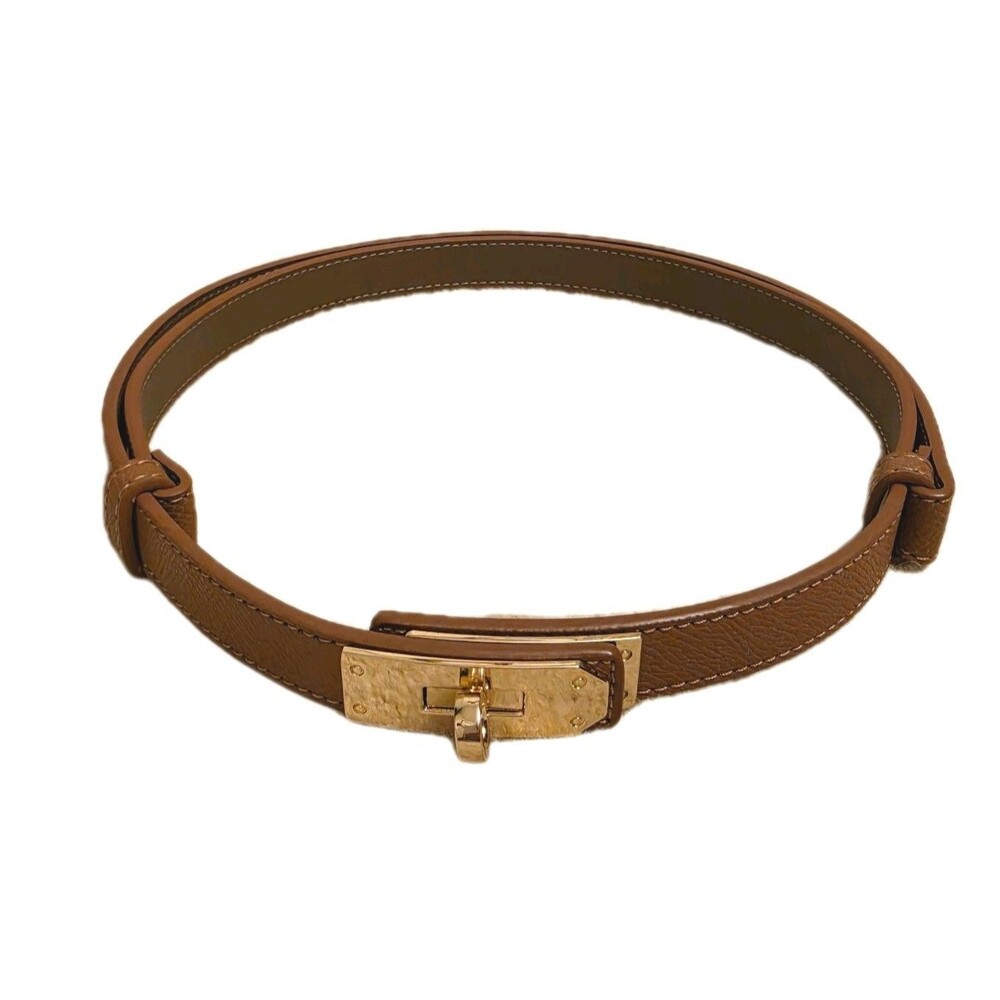Designer Inspired Womens Belt Brown Turnlock Adjustable Gold Buckle 42 In